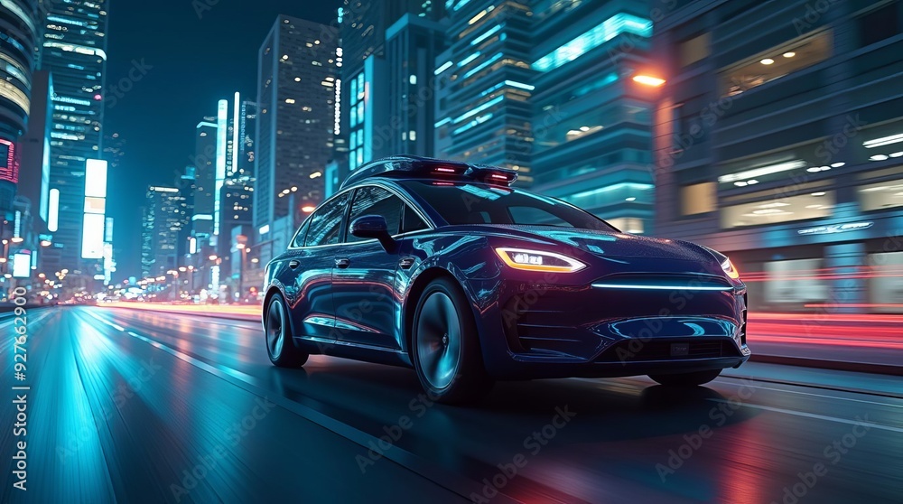 Futuristic Electric Car Speeding Through Neon-lit City Street at Night: Modern Urban Transportation Technology Futuristic Electric Car Speeding Through Neon-lit City Street at Night: Modern Urban Transportation Technology