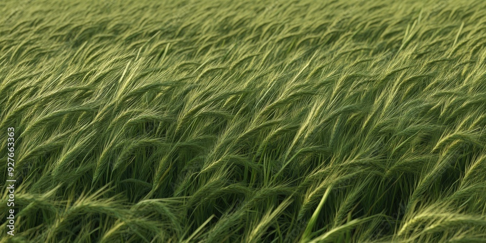 Lush green wheat fields swaying gently in the breeze during sunset Lush green wheat fields swaying gently in the breeze during sunset