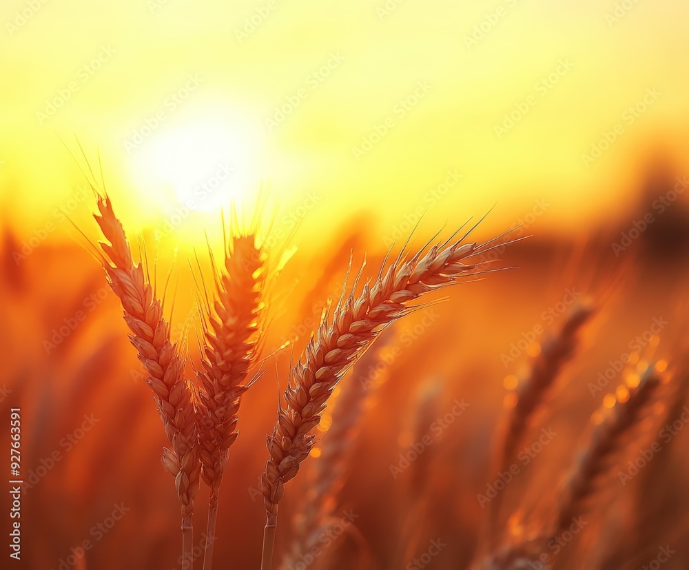 Golden wheat field at sunset with warm sunlight illuminating stalks Golden wheat field at sunset with warm sunlight illuminating stalks
