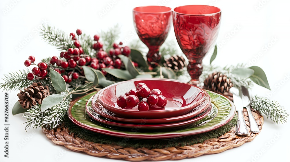 Christmas table setting with red plates, green and red accents, and pine boughs. Christmas table setting with red plates, green and red accents, and pine boughs.