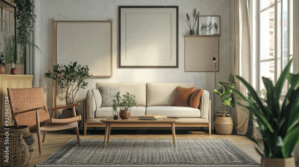 Fototapeta premium Cozy living room with poster frame, comfortable sofa, coffee table, armchair, carpet, and accessories. Home design. --ar 16:9 --v 6.1 Job ID: 6df79b9f-cd49-478a-b4a4-68104f18ed28