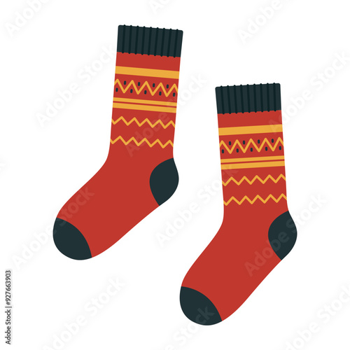 Red warm wool socks with stripes and zigzags. Knitted feet accessory. Cute foot apparel. Vector flat illustration isolated on white background