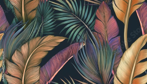 Tropical luxury exotic seamless pattern. Pastel colorful banana leaves, palm. Hand-drawn vintage 3D illustration. Dark glamorous background design. Good for wallpapers, tapestry,cloth, fabric printing