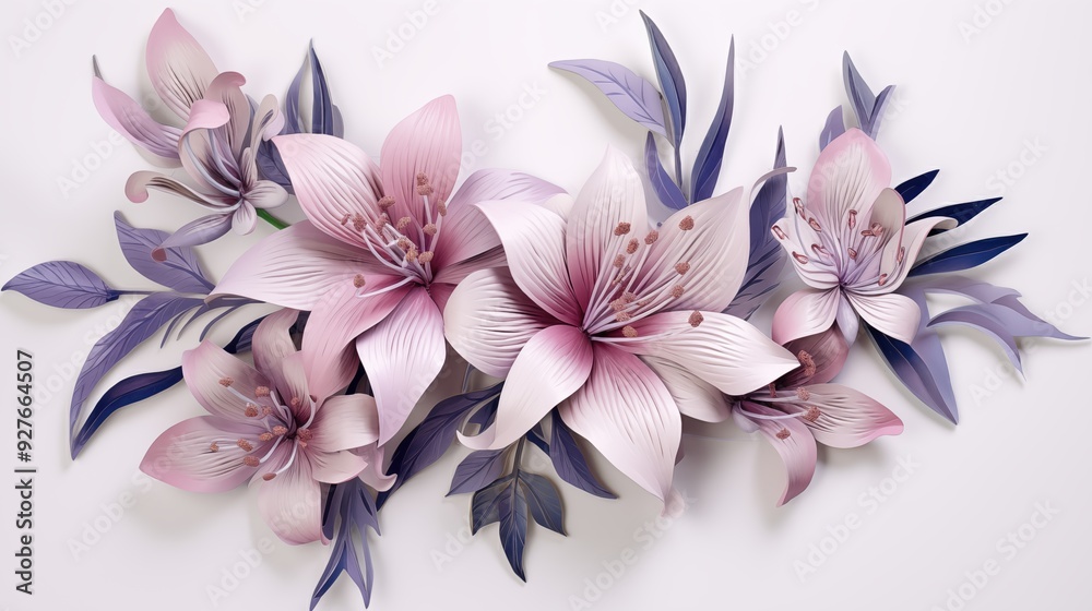 A beautiful arrangement of pink and purple art deco flowers, featuring large lilies and delicate leaves, creating a soft and elegant floral display against a light background. A beautiful arrangement of pink and purple art deco flowers, featuring large lilies and delicate leaves, creating a soft and elegant floral display against a light background.