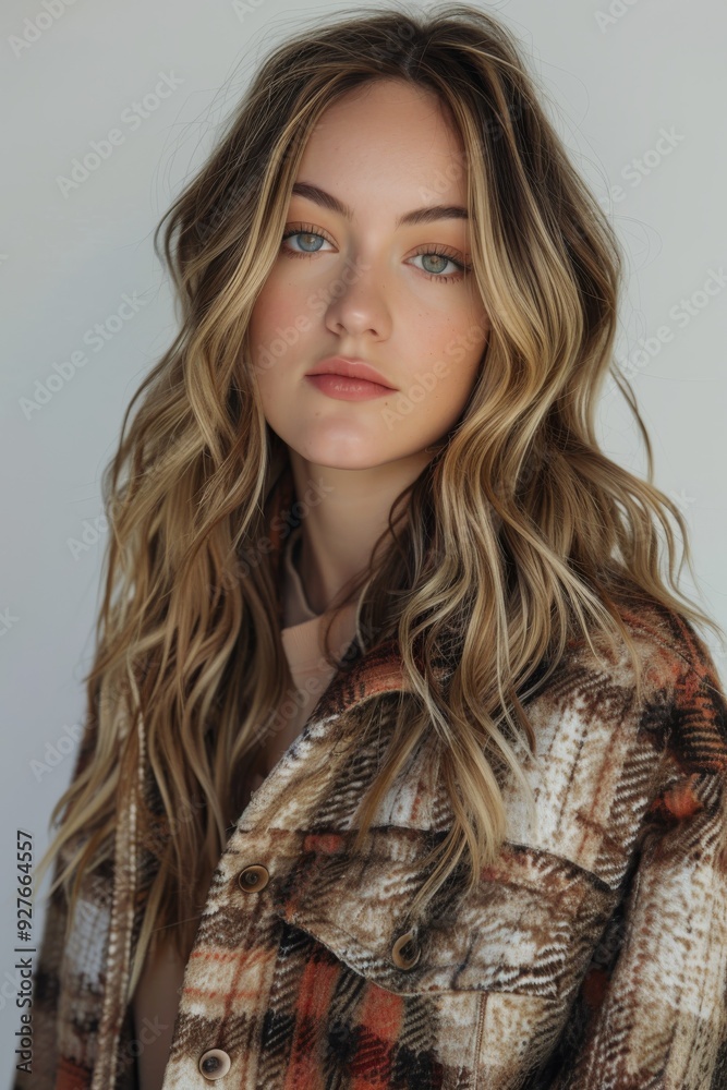Winter casual fashion model in studio with wavy hair and plaid jacket Winter casual fashion model in studio with wavy hair and plaid jacket