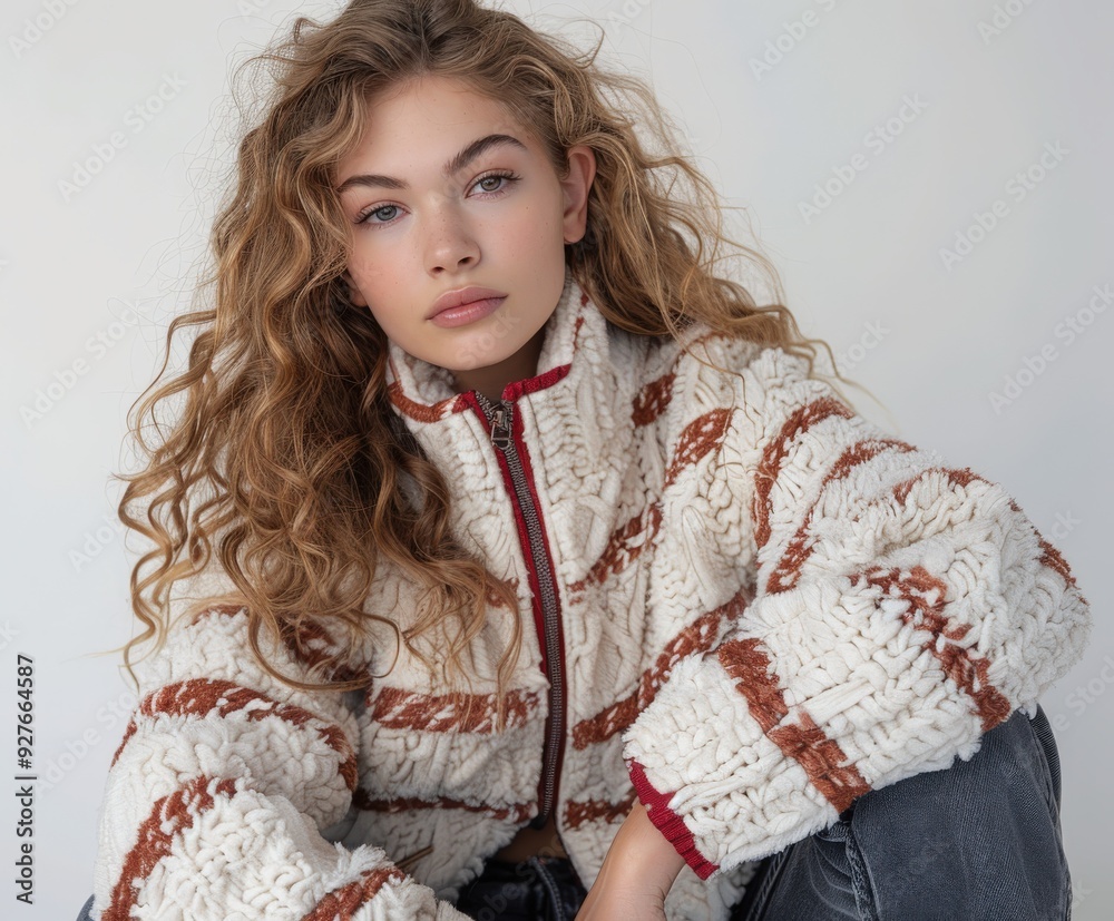 Casual winter fashion shoot in a studio featuring a model with curls Casual winter fashion shoot in a studio featuring a model with curls