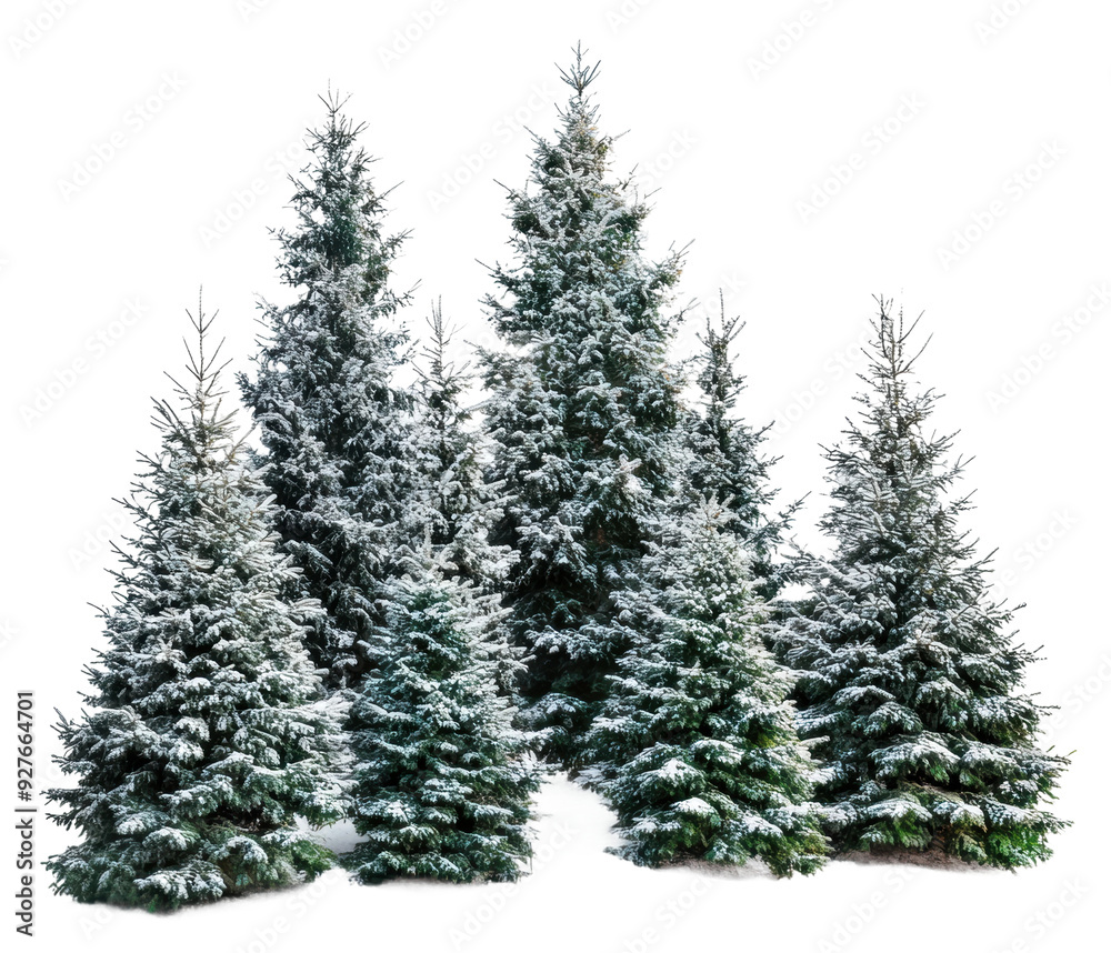 Snow-covered evergreen trees in winter landscape, cut out - stock png. Snow-covered evergreen trees in winter landscape, cut out - stock png.