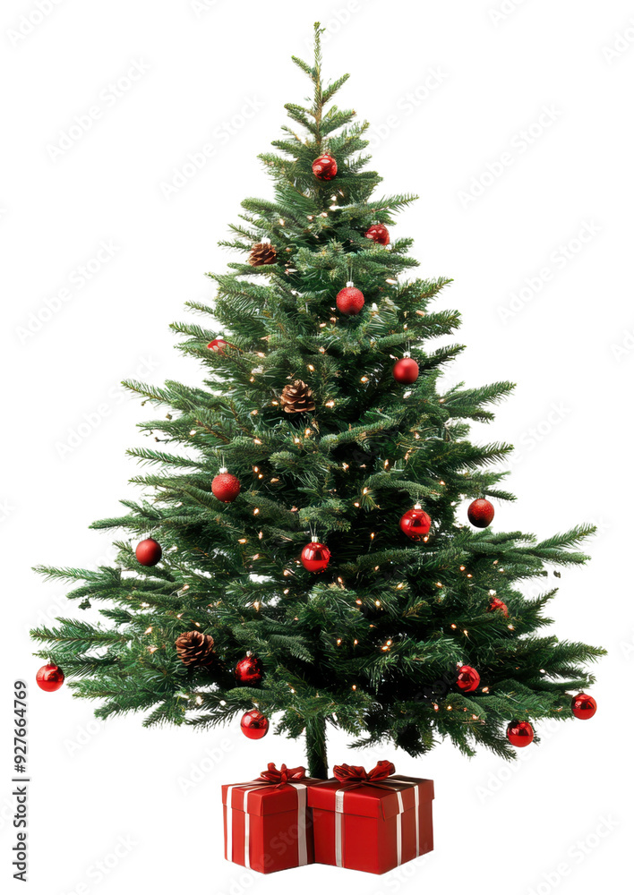 Christmas tree adorned with decorations and gifts, cut out - stock png. Christmas tree adorned with decorations and gifts, cut out - stock png.