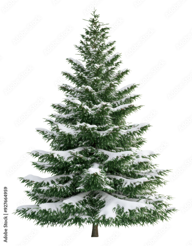 Snow-covered evergreen tree in winter setting, cut out - stock png. Snow-covered evergreen tree in winter setting, cut out - stock png.