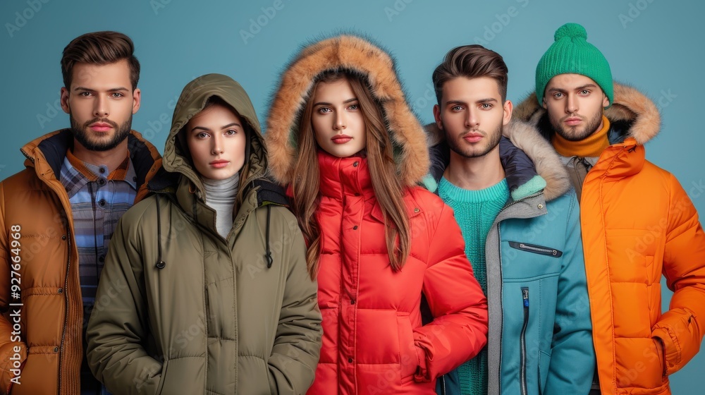 Winter casual fashion showcase in a studio setting with diverse models Winter casual fashion showcase in a studio setting with diverse models