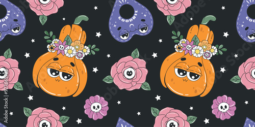 Halloween seamless pattern with cartoon characters. Retro groovy style background with pumpkin, ouija planchette, flowers.