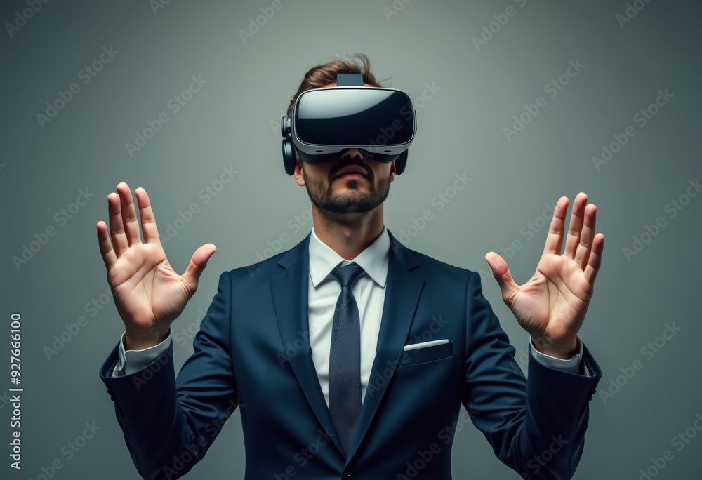 A man in a suit and virtual reality headset. A man in a suit and virtual reality headset.