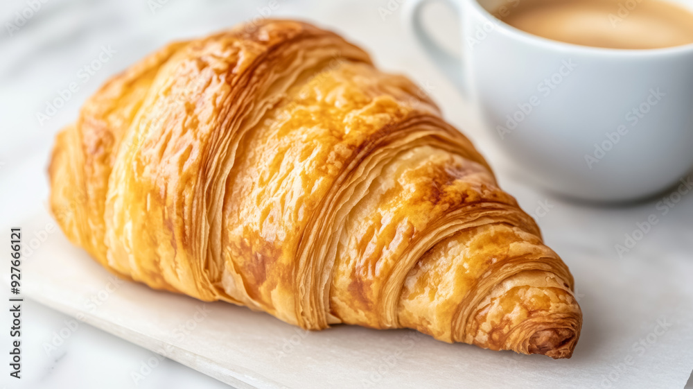 Rice paper croissant on a marble countertop paired with a cup of coffee soft focus background with warm tones closeup of the flaky texture Rice paper croissant on a marble countertop paired with a cup of coffee soft focus background with warm tones closeup of the flaky texture