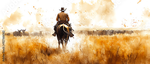 Cowboy herding cattle in mountain landscape
