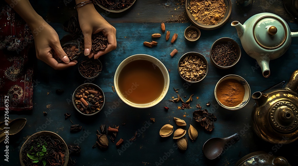 Assortment of Dried Herbs and Spices on a Blue Table Assortment of Dried Herbs and Spices on a Blue Table