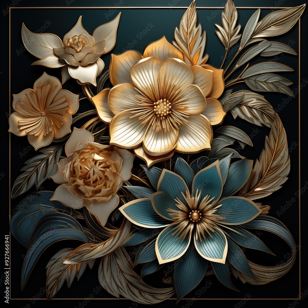 Fototapeta premium A beautifully crafted floral art deco design featuring golden and teal flowers with intricate details, set against a dark background. The composition includes various types.