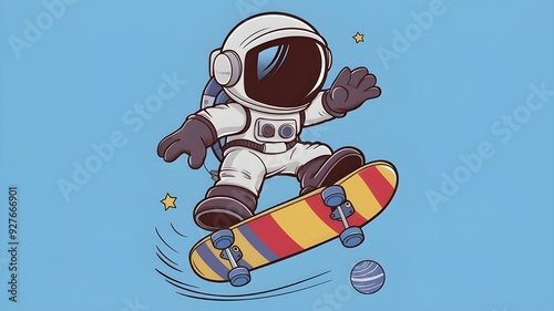 Cute Cartoon Vector Icon Illustration of an Astronaut Skateboarding. Isolated Premium Vector Concept Space Sport Icon.