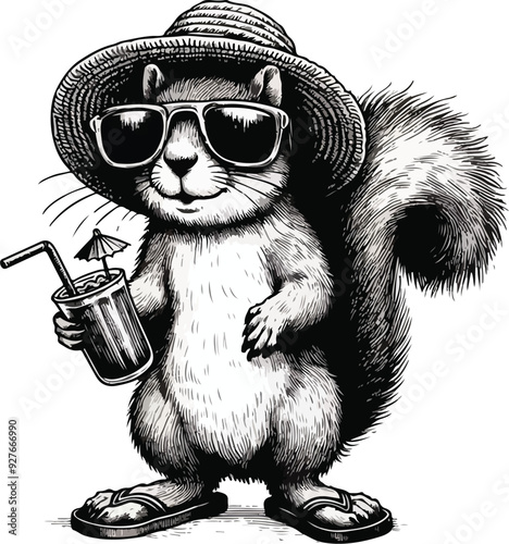 Engraving of a squirrel ready to go out in the sun with flip-flops, hat and sunglasses