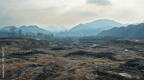 Foggy Mountain View with Rocky Foreground