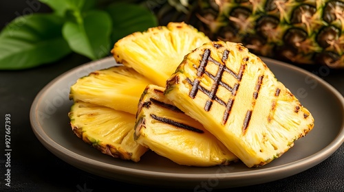 Grilled pineapple slices on a plate, showcasing vibrant yellow color with charred stripes, surrounded by fresh greenery. photo