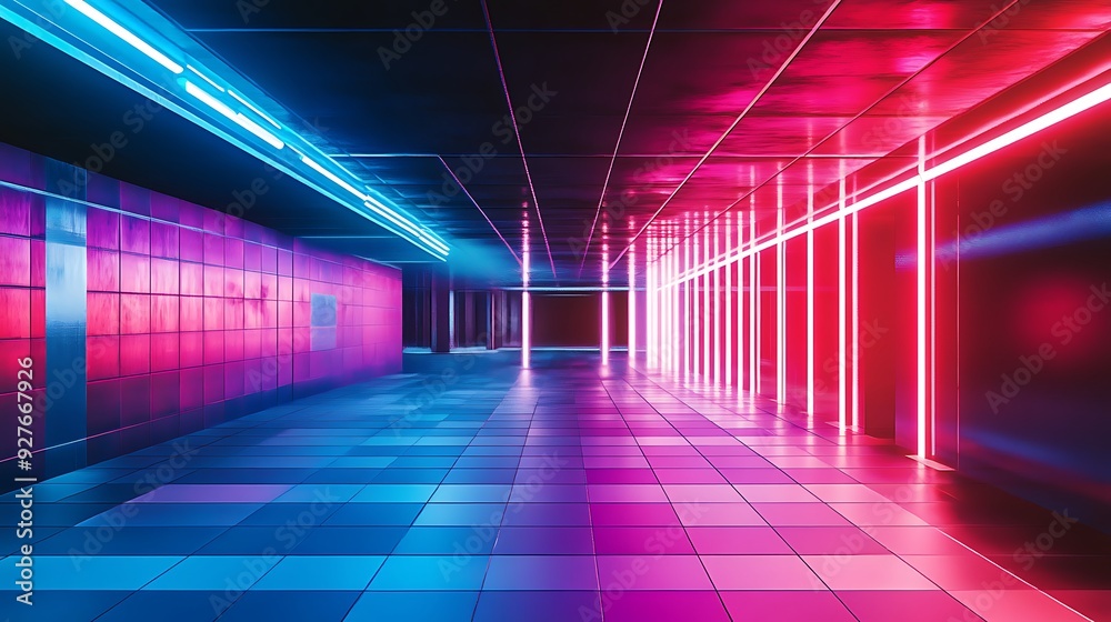 Neon-lit corridor with tiled floor and walls. Neon-lit corridor with tiled floor and walls.