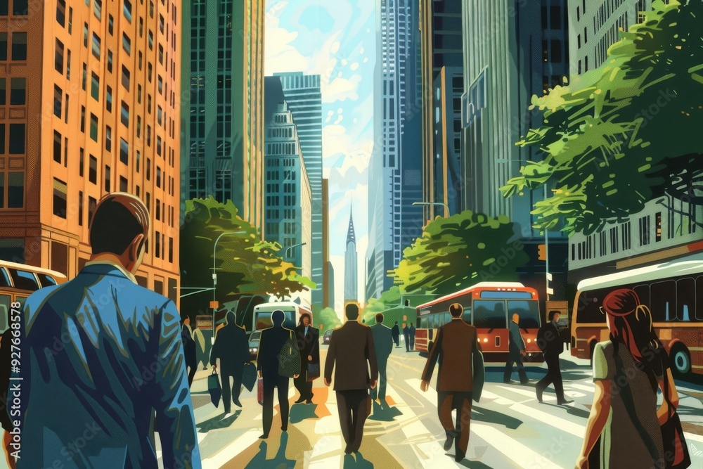 Fototapeta premium A diverse group of individuals strolling along a bustling city street, surrounded by urban architecture and vibrant storefronts, A busy street with skyscrapers and people in business attire