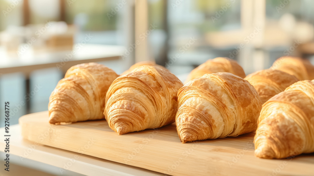 Wide angle shot of a bakery display featuring rice paper croissants arranged neatly on a wooden board with soft morning light filtering through a window Wide angle shot of a bakery display featuring rice paper croissants arranged neatly on a wooden board with soft morning light filtering through a window