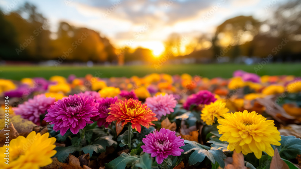 Fototapeta premium Wide angle shot of a garden with a mix of autumn flowers such as chrysanthemums asters and marigolds with colorful fallen leaves on the ground and a warm golden sunset