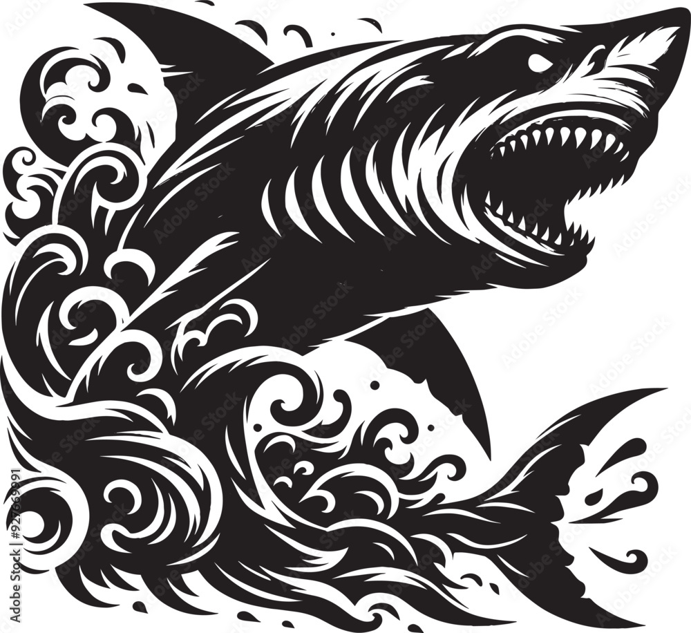 Naklejka premium Big Shark Silhouette isolated on white background Minimalist shark vector shape