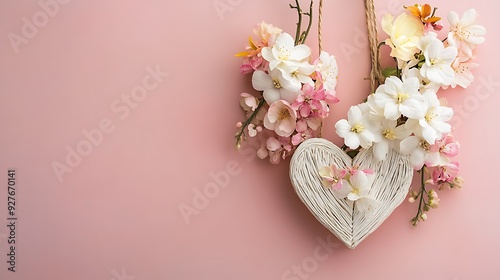 White Heart with Spring Blossoms on Pink Background
