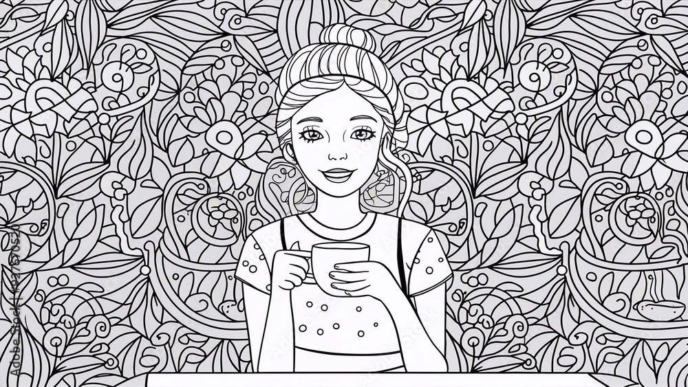 a girl in a cafe with a cup of coffee, coloring page, illustrations for creative leisure a girl in a cafe with a cup of coffee, coloring page, illustrations for creative leisure