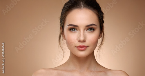 An elegant woman with flawless skin and minimal makeup poses against a beige background, exuding a sense of timeless beauty and sophistication, with a calm, neutral expression on her face.