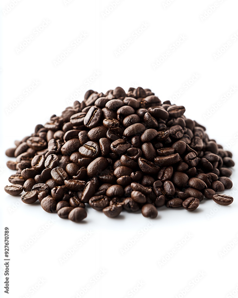 Close-up of a pile of roasted coffee beans isolated on a white background. Close-up of a pile of roasted coffee beans isolated on a white background.