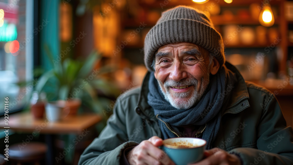 The image features an elderly man wearing a warm hat and scarf, smiling gently while enjoying a cup of coffee at a cozy cafe, surrounded by a warm and inviting atmosphere. The image features an elderly man wearing a warm hat and scarf, smiling gently while enjoying a cup of coffee at a cozy cafe, surrounded by a warm and inviting atmosphere.