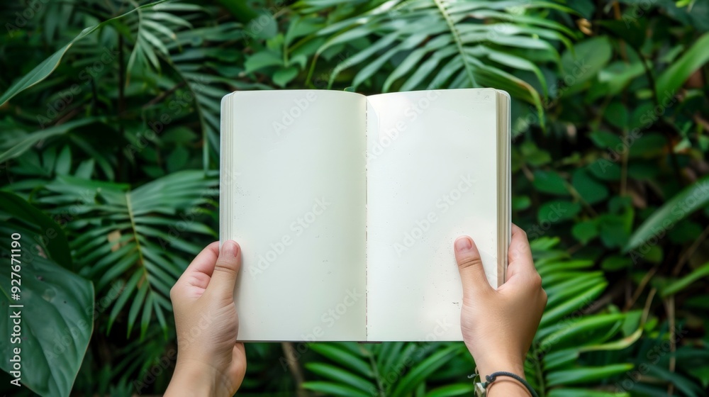 A person holding an open notebook with blank pages against a backdrop of lush green foliage.