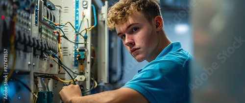 A young electrician works on a complex electrical panel, wearing a blue shirt and looking intently at the wires.