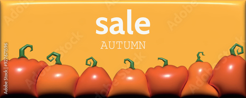 3D autumn banner with pumpkins orange vegetables, harvesting photo