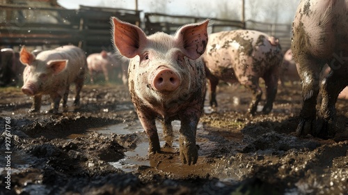 A close-up of a group of pigs enjoying a mud bath in a spacious outdoor pen. The natural setting highlights the contentment of the animals, with no humans around. photo