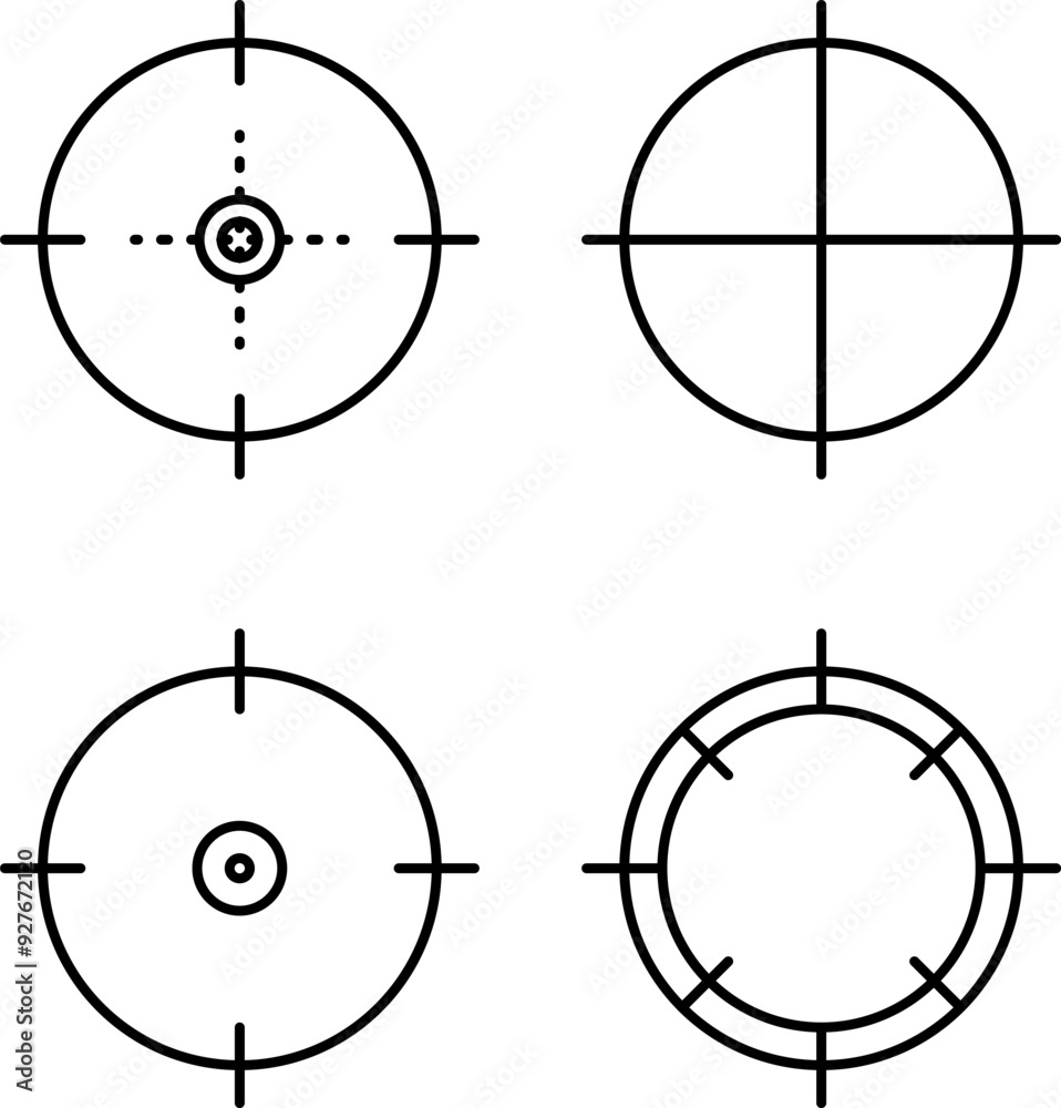 Target aim sight vector icon. Crosshair gun sight vector icons set. Bullseye, target or aim symbol. Futuristic aim pointer. Military rifle scope, shooting mark sign Target aim sight vector icon. Crosshair gun sight vector icons set. Bullseye, target or aim symbol. Futuristic aim pointer. Military rifle scope, shooting mark sign