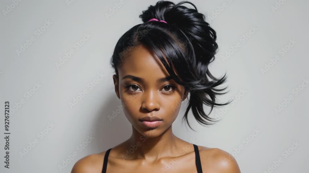 A stunning woman with flowing black hair poses against a white background, exuding elegance and confidence. Her piercing eyes and delicate earrings add a touch of sophistication to the scene. A stunning woman with flowing black hair poses against a white background, exuding elegance and confidence. Her piercing eyes and delicate earrings add a touch of sophistication to the scene.