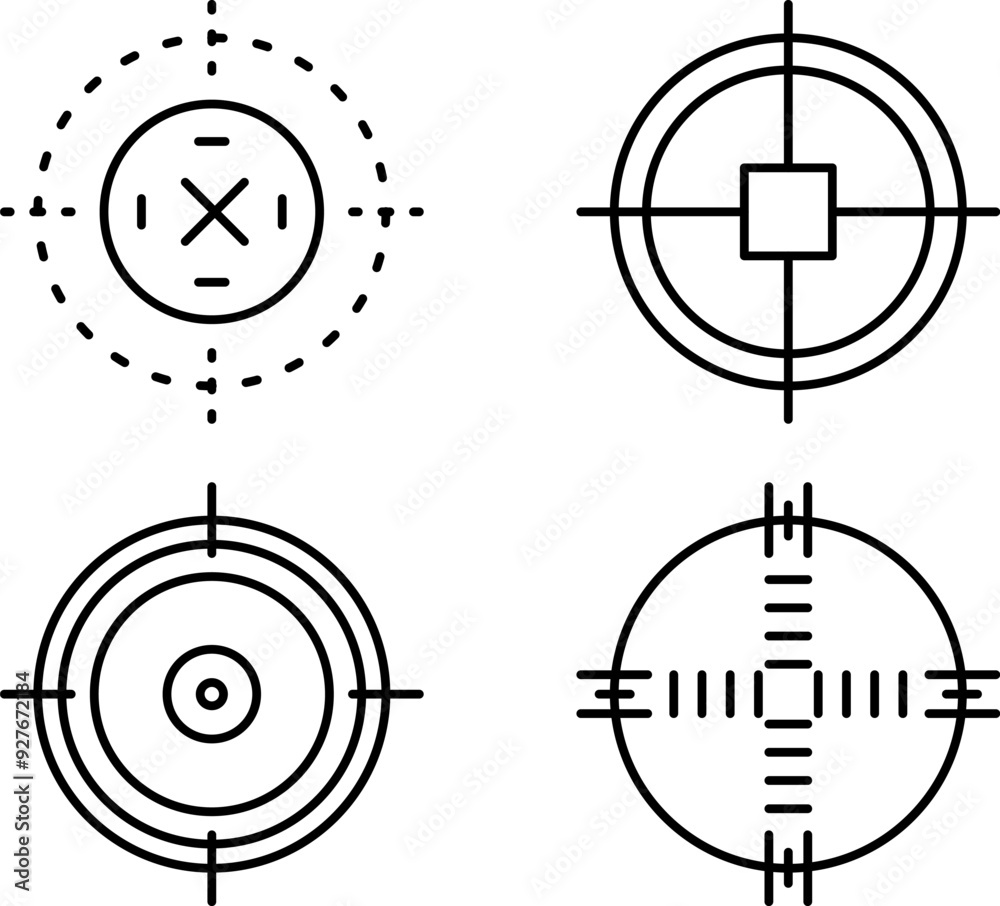 Target aim sight vector icon. Crosshair gun sight vector icons set. Bullseye, target or aim symbol. Futuristic aim pointer. Military rifle scope, shooting mark sign Target aim sight vector icon. Crosshair gun sight vector icons set. Bullseye, target or aim symbol. Futuristic aim pointer. Military rifle scope, shooting mark sign