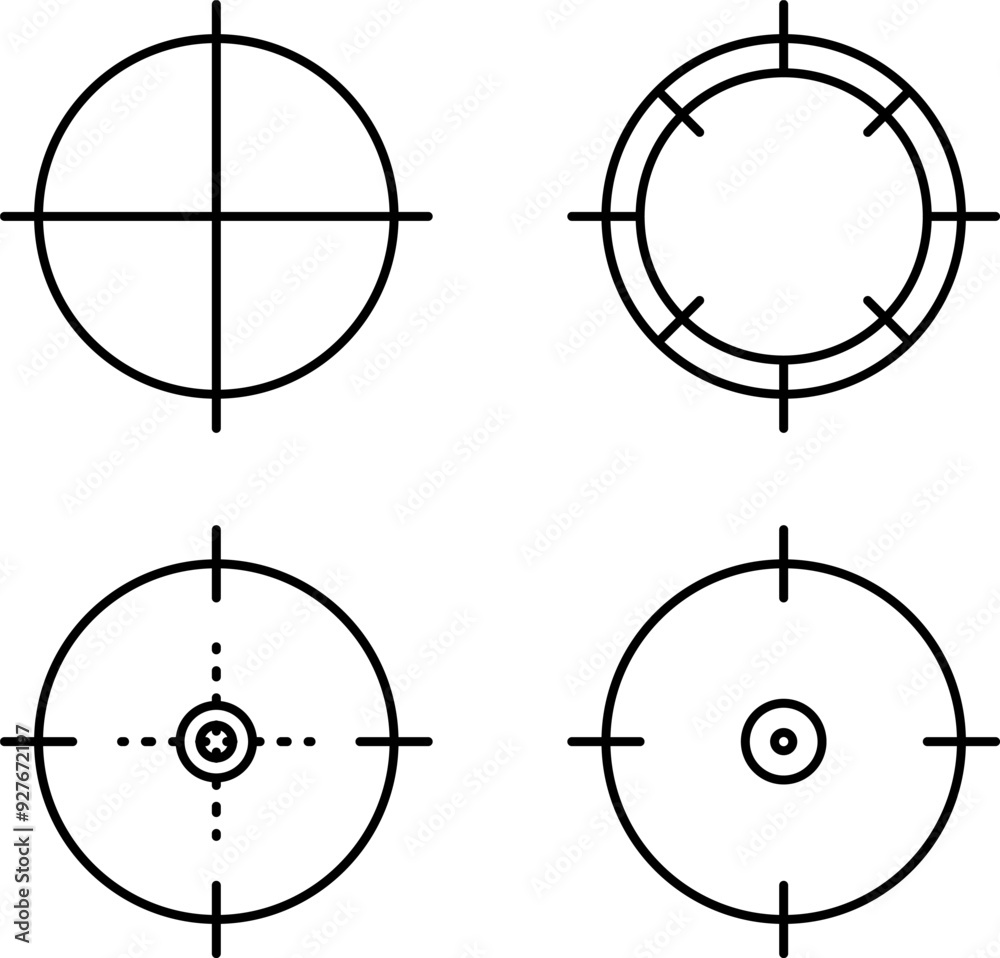 Target aim sight vector icon. Crosshair gun sight vector icons set. Bullseye, target or aim symbol. Futuristic aim pointer. Military rifle scope, shooting mark sign