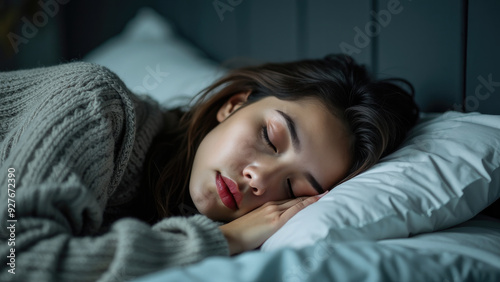 A woman in a cozy sweater rests her head on a white pillow, lying in bed with soft lighting creating a tranquil and serene atmosphere, emphasizing rest and comfort.