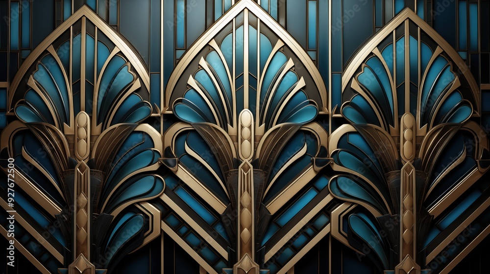 An intricate art deco design featuring stylized floral patterns in gold and teal. The geometric shapes and elegant lines create a luxurious and vintage aesthetic. An intricate art deco design featuring stylized floral patterns in gold and teal. The geometric shapes and elegant lines create a luxurious and vintage aesthetic.