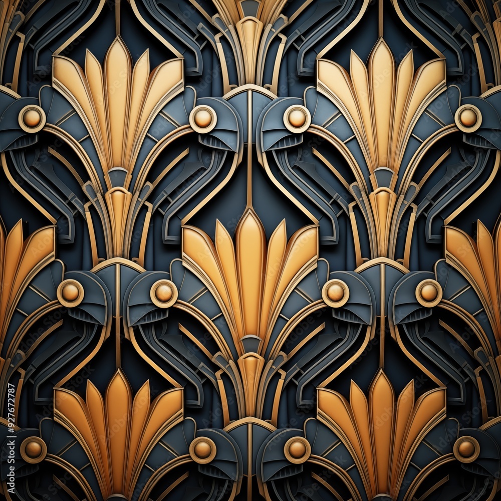 An intricate art deco pattern featuring stylized floral designs in gold and blue tones, set against a dark background. The design showcases a combination of geometric shapes. An intricate art deco pattern featuring stylized floral designs in gold and blue tones, set against a dark background. The design showcases a combination of geometric shapes.