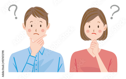 考える若い夫婦　カップル　疑問　イラスト