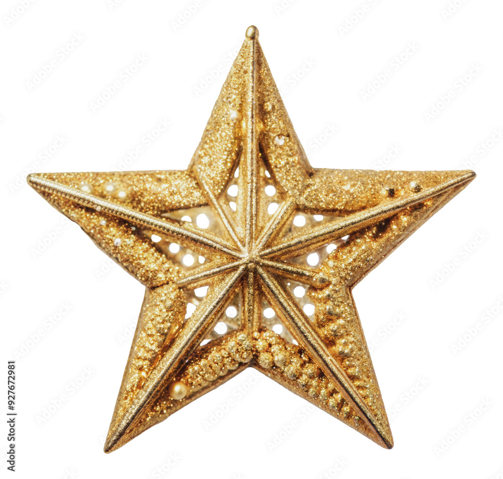 Gold glitter star ornament on white background, cut out - stock png. Gold glitter star ornament on white background, cut out - stock png.
