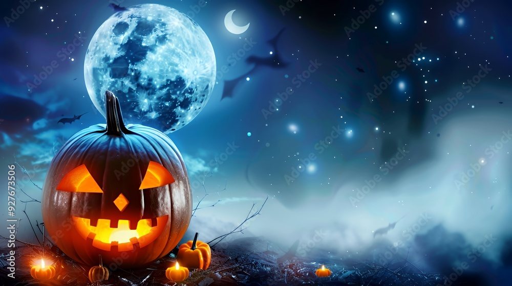 Naklejka premium A jack-o-lantern with a glowing face sits on a foggy forest floor with a full moon in the background.