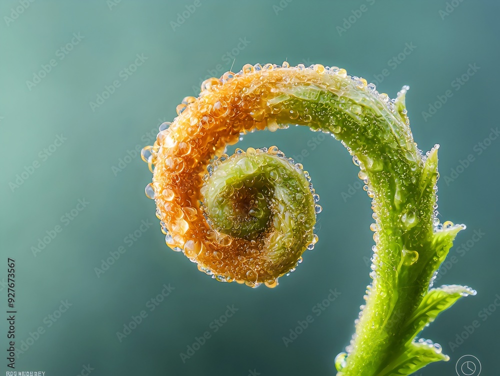 Close-up of a fern bud with raindrops. Generative AI