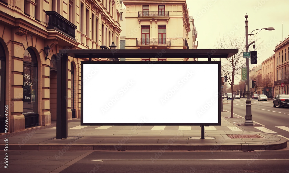 A horizontal billboard mockup at a bus stop on an empty street, rendered in a sepia tone A horizontal billboard mockup at a bus stop on an empty street, rendered in a sepia tone